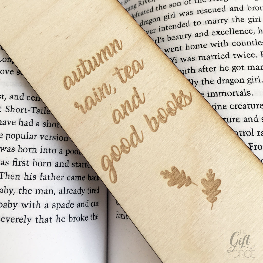 "Autumn, rain, tea and good books" bookmark
